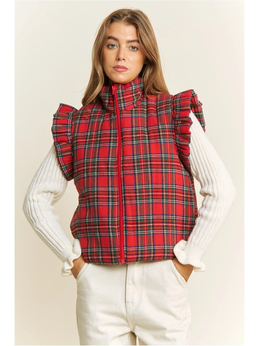 Sweet Generis Red Plaid Ruffle Sleeve Quilted Vest Women’s NWT